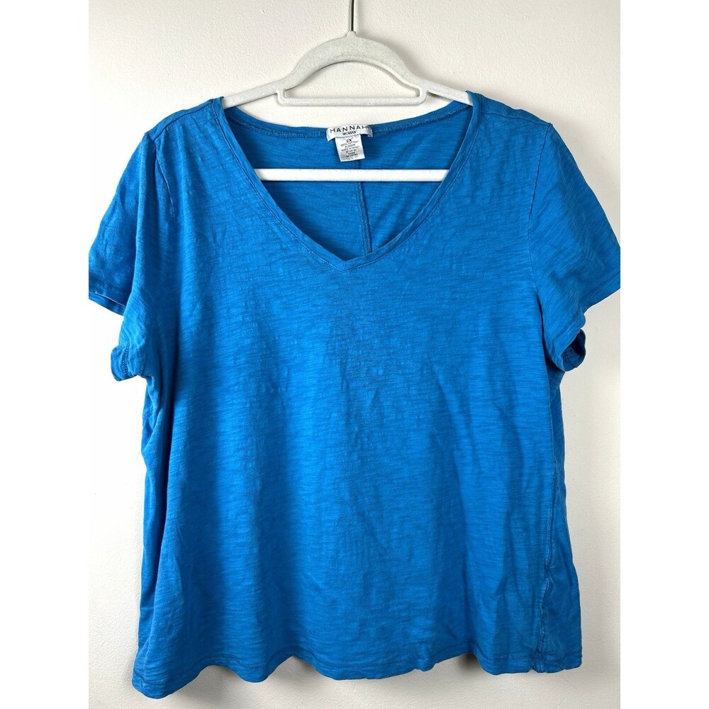 Hannah Women’s Plus 2X Blue Solid V-Neck Short Sleeve 100% Cotton Knit T-Shirt